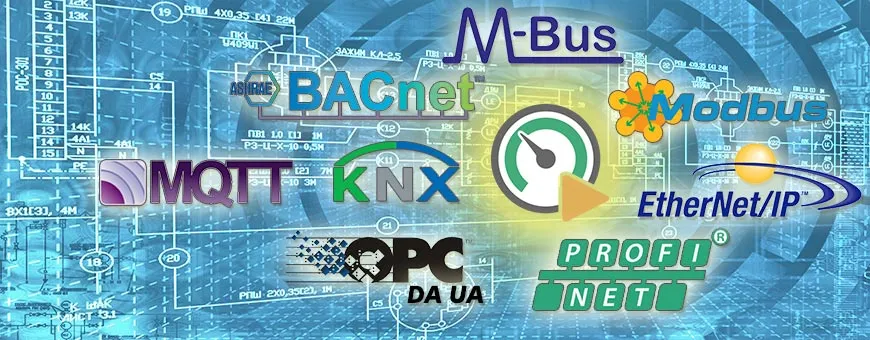 Logotipos de diferentes protocolos de comunicação: modbus, opc, profinet, knx, mqtt, bacnet, mbus