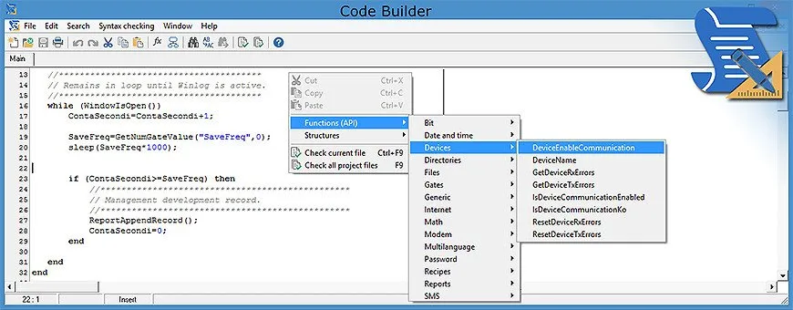 Schermata Code Builder, un semplice linguaggio di programmazione simile al C per personalizzare le applicazioni scada