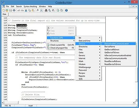 Code Builder-Bildschirm, eine einfache C-ähnliche Programmiersprache zum Anpassen von Scada-Anwendungen