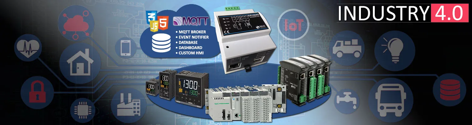 MQTT IoT Gateway conectado a controladores Modbus, PLCs e módulos de E/S, enviando dados na nuvem