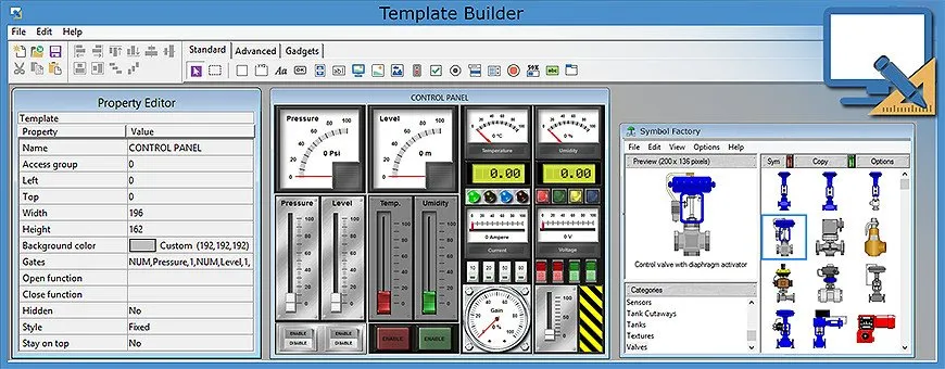 Template Builder-Bildschirm, Werkzeug zum Erstellen von Vorlagen und Anzeigeseiten für Scada-Systeme
