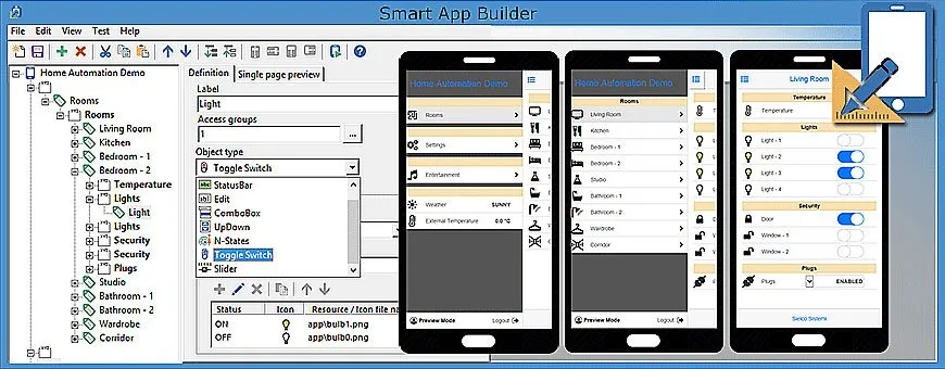 Smart App Builder screen, tool for creation of scada applications for mobile devices