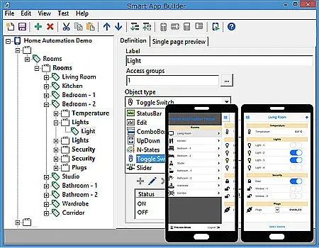 Smart App Builder screen, tool for creation of scada applications for mobile devices