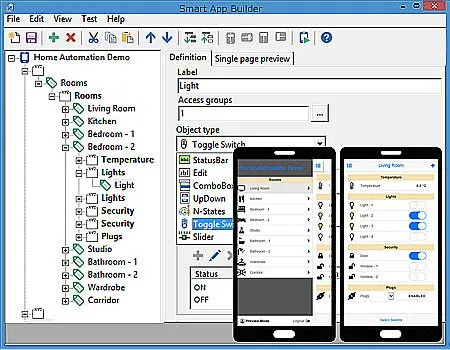 Tela Smart App Builder, ferramenta para criação de aplicativos scada para dispositivos móveis