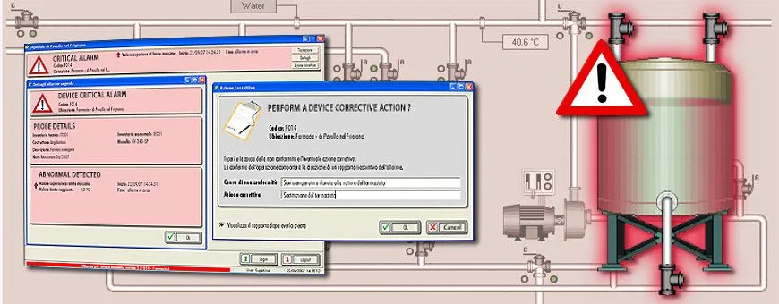 Pagine di supervisione di un software scada con eventi e allarmi