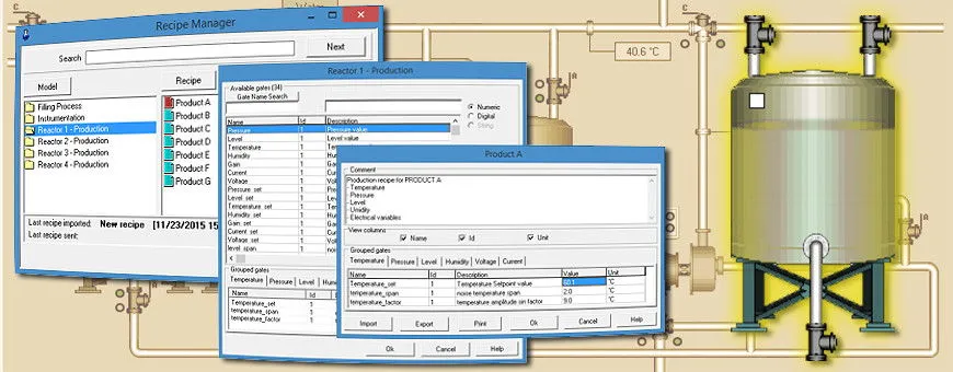 Páginas de supervisão de um software Scada com receitas de produção