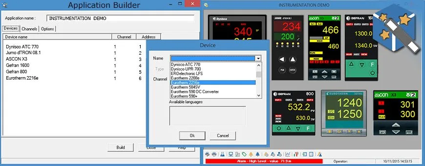Application Builder screen, composes scada applications with different devices