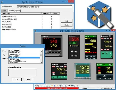 Application Builder screen, composes scada applications with different devices