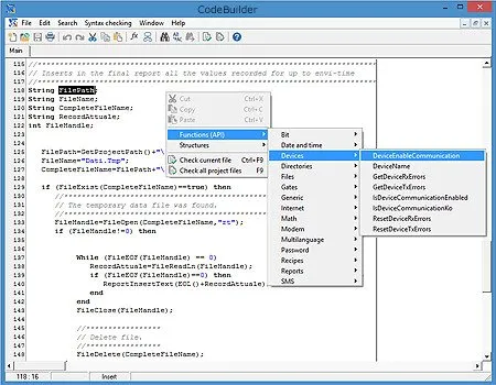 Code Builder screen, a simple C-like programming language for customizing scada applications