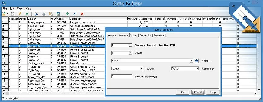 Gate Builder screen, the tool for creating and managing the tags database