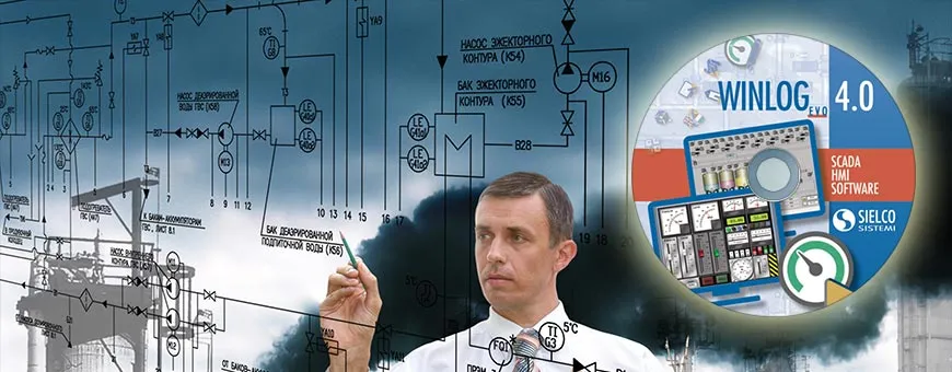 Homem projetando um sistema Scada usando Winlog Evo