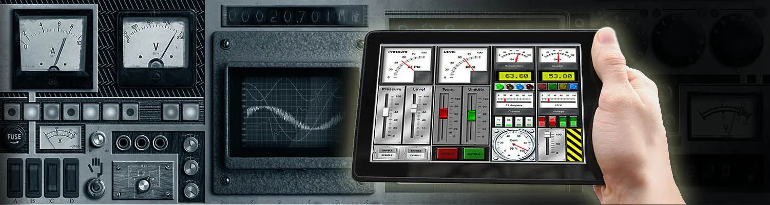 Tablet com instrumentação virtual SCADA conectada a instrumentação real