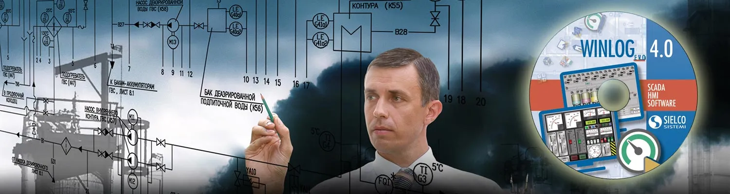 Hombre diseñando un sistema scada usando Winlog Evo